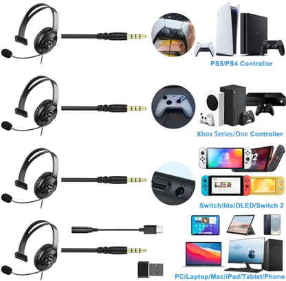 Wired Single Ear Headset with 3.5mm Jack & USB-C & USB-A Adapter for PS5, PS4, Xbox, Switch, PC, iPhone, iPad, Android - Unilateral Mono Headphone for Gaming, Call Center, Remote Work, Online Classes - color: Black | Single Ear | Flexible Mic