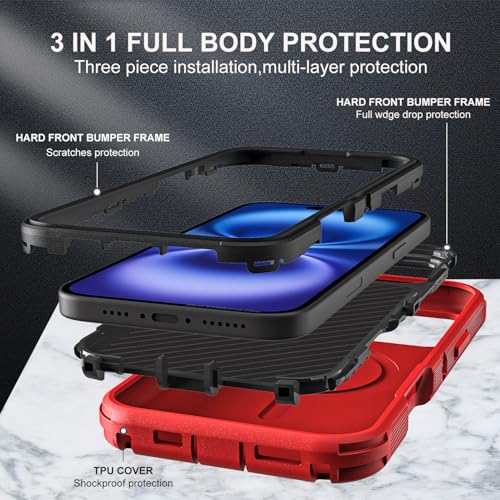 YKHJKLEC for iPhone 16 Case, Military Grade 3 in 1 Heavy Duty Shockproof/Drop Proof/Dust Proof with Kickstand Case, with 2 x Tempered Glass Screen Protector & 1 x Wrist Strap (ZJ-Red/Black) - color: ZJ-Red/Black