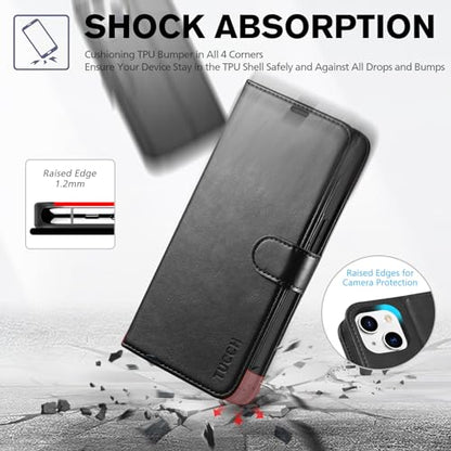 TUCCH Wallet Case for iPhone 14 (6.1") 2022, 4 Card Holders, Black | RFID Blocking, Viewing Stand, Shockproof TPU Shell, PU Leather, Magnetic Closure, Protective Folio Flip Cover - color: Black