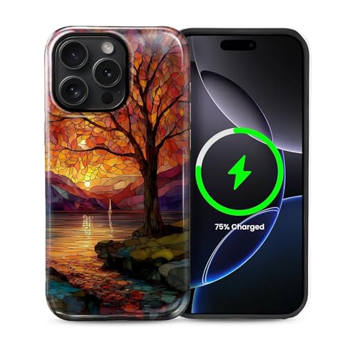 Magnetic Phone Case for iPhone 14 Pro Max,Compatible with MagSafe,Durable 2 Layers Full Covered Shockproof Protective Cover-Stained Glass Sunrise Fall Leaves - color: Stained Glass Sunrise Fall Leaves, size: iPhone 14 Pro Max