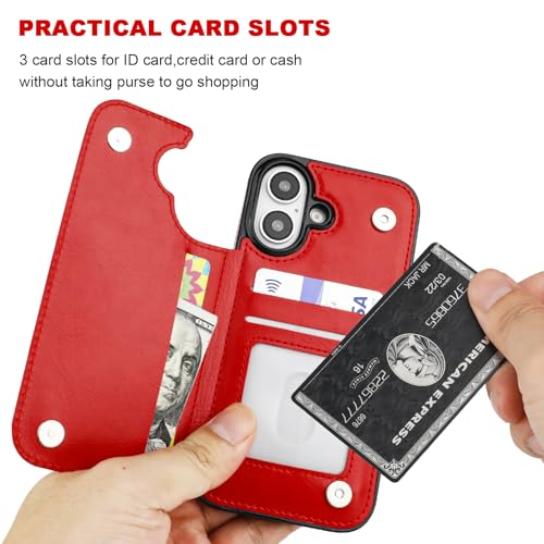 ONETOP for iPhone 16 Wallet Case with Credit Card Holder,Red | Kickstand,ID/Cash Holder,Case Wallet with Card Slots,Double Magnetic Clasp,Durable PU Leather Shockproof Cover for Women Men - color: Red