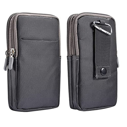 Multifunction Dual Phone Holster Men, Nylon Cell Phone Case Holder Mens Belt Pouch Loop/Clip, Smartphone Belt Wallet Purse 2 Zipper Pockets Compatible with iPhone 14 Pro Max Case 13 Pro Max, Black - color: Dark gray