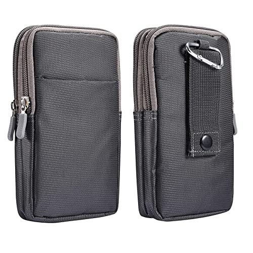 Multifunction Dual Phone Holster Men, Nylon Cell Phone Case Holder Mens Belt Pouch Loop/Clip, Smartphone Belt Wallet Purse 2 Zipper Pockets Compatible with iPhone 14 Pro Max Case 13 Pro Max, Black - color: Dark gray