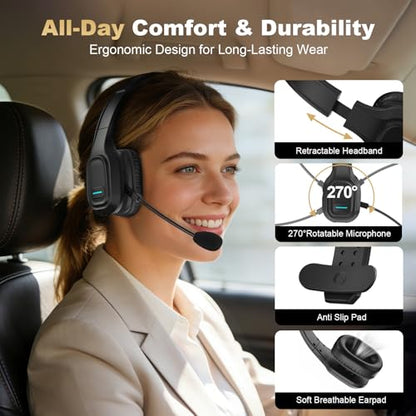 Bluetooth Headset for Truck Drivers, Single Ear Wireless Headphone with Noise Cancelling Mic, Mute Button, Hands-Free Calling, 60H Battery Life for Call Center, Office & Mobile Phone