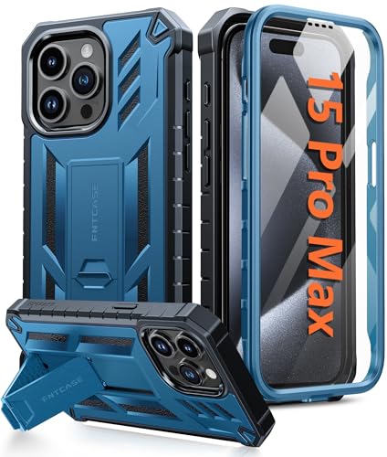 FNTCASE for iPhone 15 Pro Max Case, Built-in Screen Protector, Kickstand | Military-Grade Drop Protection, Anti-Slip Matte Textured, Rugged Heavy Duty Shockproof TPU Protective Cover - color: Blue