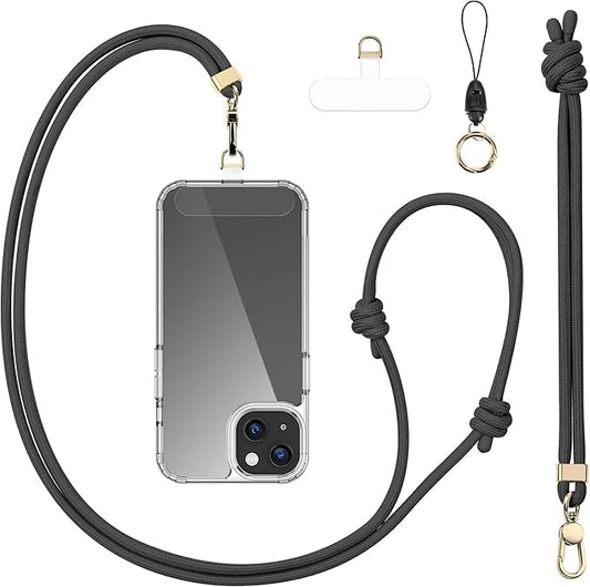 Anti-Theft Phone Lanyard Crossbody & Wrist Strap Keychain with 2 Phone Tabs - color: Black
