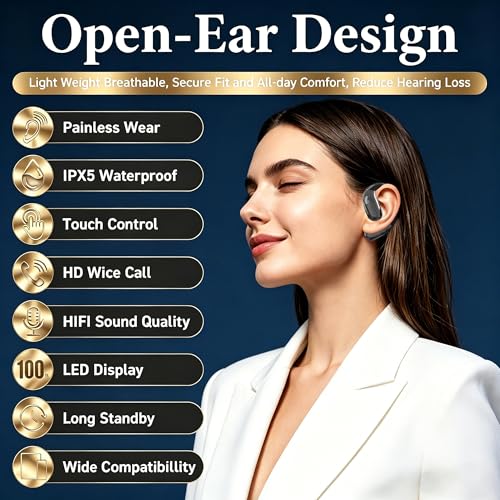 Open Ear Headphones, Wireless Headphones with Smart Digital Display & Mic - color: Black