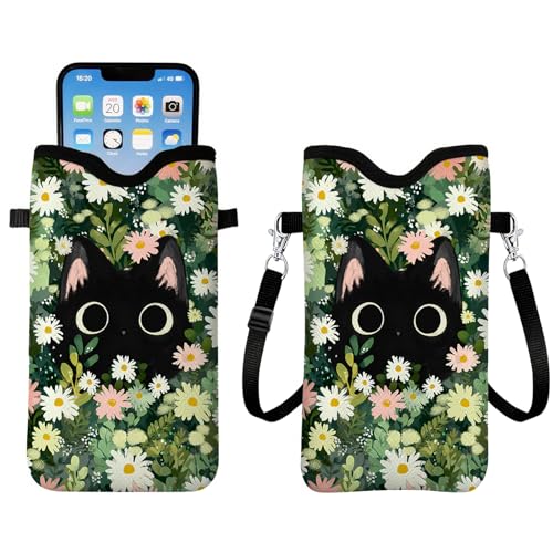 Floral Cat Neoprene Cell Phone Sleeve Pouch Case Bag for Women, Lightweight Sleeve with Crossbody Strap Neck Lanyard, Aesthetic Cat Cell Phone Bag Gifts for Christmas Birthday 7.1 X 3.9 inch - Green - color: Cat4