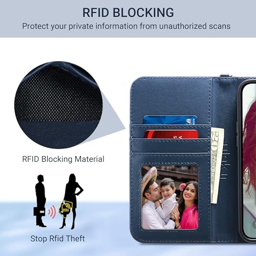 ULAK Compatible with iPhone 15 Pro Wallet Case with Card Holder, Navy Blue | Flip PU Leather Kickstand RFID Blocking Design Cover Wrist Strap Shockproof Phone Case for iPhone 15 Pro 6.1 inch - color: Navy Blue, size: iPhone 15 Pro - 6.1 inch