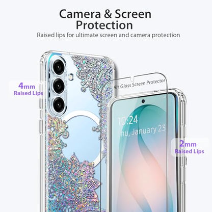 Magnetic for Samsung Galaxy S26 Case, Compatible with MagSafe, Cute for Women Girls, 10FT Military Grade Protective Cover for Samsung Galaxy S26 Case Glitter, Clear Bling Lace Mandala - size: 6.3 inch (for Galaxy S26)