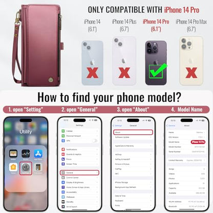 Defencase for iPhone 14 Pro Wallet Case with RFID Card Holder, Wine Red | Durable Soft PU Leather, with Zipper Pocket, Wrist Strap, Fashion Snap Flip Phone Cases Cover with Stand for Women and Men - color: Wine Red