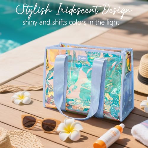Bagstellar Iridescent Beach Bag, Jelly Tote Bag with Phone Pouch Makeup Bag | Large Beach Bags Waterproof Sandproof, Zipper Beach Tote Clear Pool Swim Boat Bag for Women Summer Travel Cruise Essentials - color: Oasis