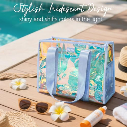 Bagstellar Iridescent Beach Bag, Jelly Tote Bag with Phone Pouch Makeup Bag | Large Beach Bags Waterproof Sandproof, Zipper Beach Tote Clear Pool Swim Boat Bag for Women Summer Travel Cruise Essentials - color: Oasis