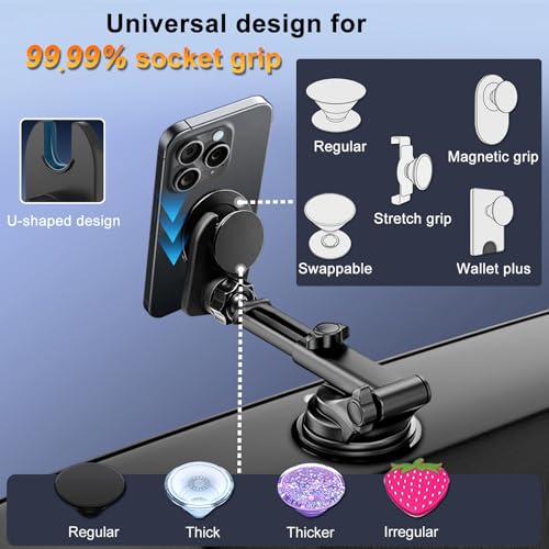 Car Mount for Pop Socket, Dashboard Windshield Car Phone Holder Compatible with Popsocket, Powerful Suction Cup Car Phone Mount Fits All Smartphones with Pop Grip - style: Extended Socket Mount