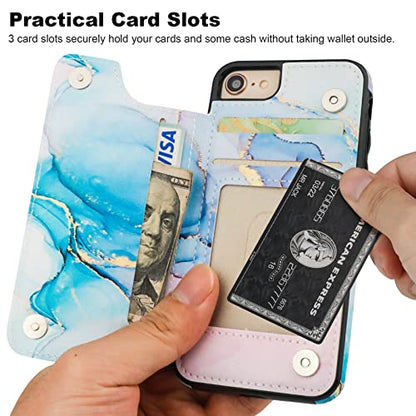HAOPINSH for iPhone SE(2022) iPhone SE(2020) iPhone 7/8 Wallet Case with Card Holder, Pink Blue Marble Back Flip Folio PU Leather Kickstand Card Slots, Double Magnetic Clasp Cover 4.7" - color: Pink Blue Marble