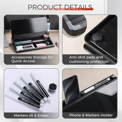 TOWON Compact Glass Desktop Whiteboard with Storage 12x7 in, Black - color: Black