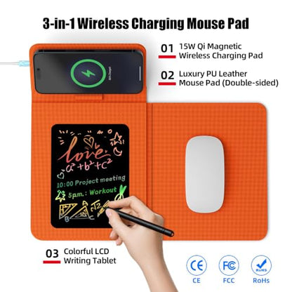 Foldable Travel Mouse Pad with 15W Qi Wireless Charger & Writing Tablet - color: Orange