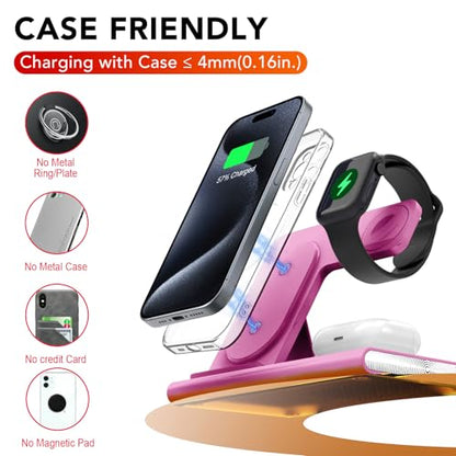 3 in 1 Foldable Charging Station for Apple Wireless Charger - color: Rose Pink