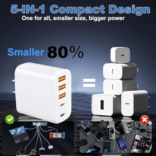 60W Multi-Port USB-C Charger with Cables (4FT + 6FT), 5-Port Wall Plug Power Adapter Compatible with iPhone 17/16/15 Series, iPad, Samsung S25/S24, Headphones, smartwatches, and More