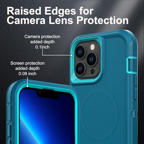 YKHJKLEC for iPhone 13 Pro Max Case, Compatible with Magsafe, Military Grade 3 in 1 Heavy Duty Shockproof/Drop Proof/Dust Proof Case with 2Pcs Tempered Glass Screen Protector (New-Blue/Turquoise) - color: New-Blue/Turquoise