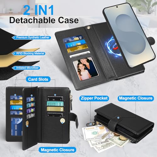 Magnetic Case for Samsung Galaxy S25 Edge Wallet Compatible with Magsafe RFID Blocking Card Holder Detachable Phone Cover Kickstand Snap Strap Zipper Pocket PU Leather (Black) - color: Black, size: Galaxy S25 Edge