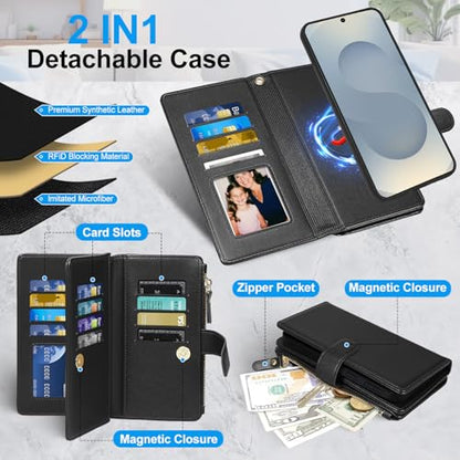 Magnetic Case for Galaxy S25 / S24 Wallet Compatible with Magsafe RFID Blocking Card Holder Detachable Phone Cover Kickstand Snap Strap Zipper Pocket PU Leather (Black) - color: Black, size: Galaxy S25 / S24