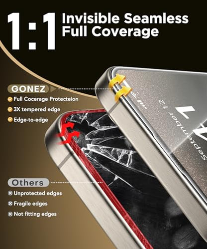 GONEZ 3-Pack Screen Protector for iPhone 15 Pro Max [6.7”] + 3-Pack Camera Lens Protector with Installation Frame, Sensor Protection, Compatible with Dynamic Island, Case Friendly Tempered Glass Film