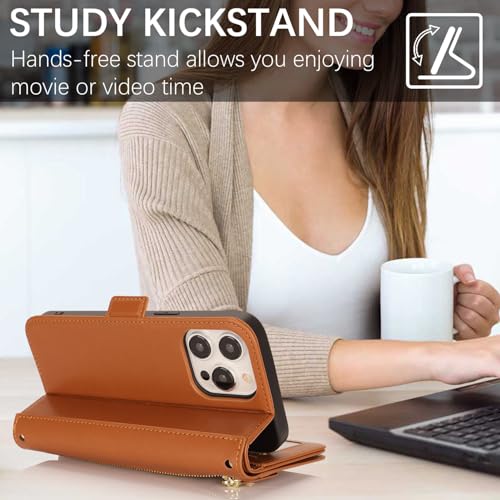 for iPhone 15 Pro Wallet Case for Women,for iPhone 15 Pro Case with Strap Crossbody Lanyard,PU Leather Shockproof Card Holder Stand Zipper Pocket Flip Phone Case-Brown - color: Brown