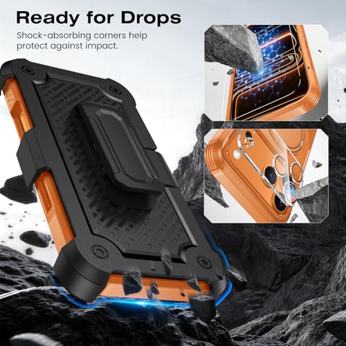 Caka 4-in-1 for iPhone 17 Pro Max Case with Belt Clip Holster and Stand | HD Glass Screen & Camera Lens Protector, Compatible with MagSafe, Hidden Kickstand, Rugged Heavy Duty Shockproof Phone Cover - color: Orange