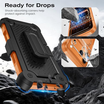 Caka 4-in-1 for iPhone 17 Pro Max Case with Belt Clip Holster and Stand | HD Glass Screen & Camera Lens Protector, Compatible with MagSafe, Hidden Kickstand, Rugged Heavy Duty Shockproof Phone Cover - color: Orange