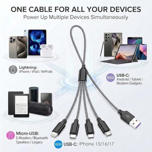 4 in 1 Multi Charging Cable 4ft 2 Pack,Braided MFi Certified Charger Cable - color: BlackGrey/Rose-4ft-2Pack