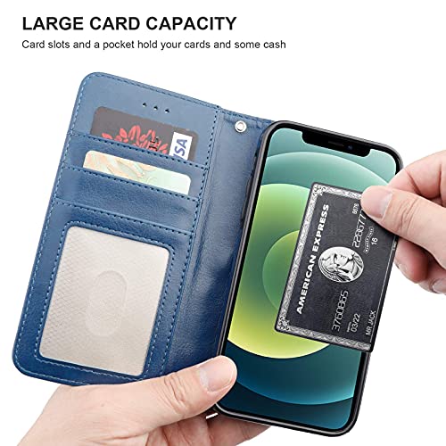 Bocasal Compatible with iPhone 12 & iPhone 12 Pro Wallet Case with Card Holder PU Leather Magnetic Detachable Kickstand Shockproof Wrist Strap Removable Flip Cover 6.1 inch (Blue) | Kickstand Card Slots Holder PU Leather Magnetic Shockproof Wrist Strap Re