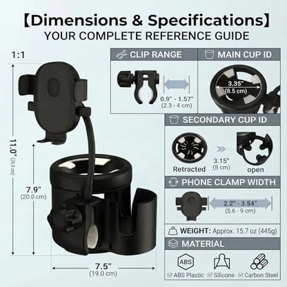Universal 3-in-1 Stroller Cup Holder with 360° Rotatable Phone Mount, Detachable Dual Drink Holder for Bicycle, Motorcycle, Wheelchair, Walker, and Scooter, Fits Large Tumblers & Baby Bottles