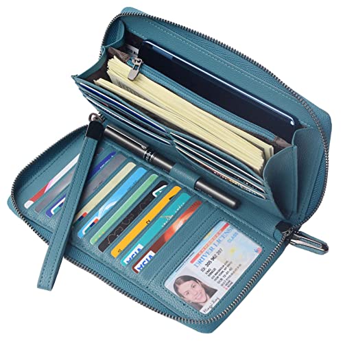 Bveyzi Women RFID Blocking Wallet Leather Zip Around Phone Clutch Large Capacity Ladies Travel Purse Wristlet - color: Lake Blue