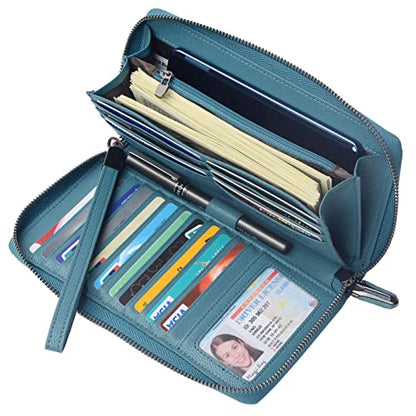Bveyzi Women RFID Blocking Wallet Leather Zip Around Phone Clutch Large Capacity Ladies Travel Purse Wristlet - color: Lake Blue