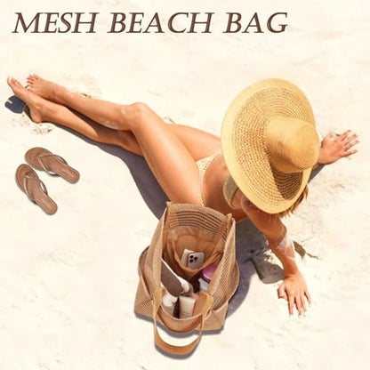 GYEUKHAM Mesh Beach Bag for Women, Sand-Resistant Pool Tote, 9 Pockets (1 Inner Zip), Foldable Family Travel Essentials - color: 6 Pockets-tan