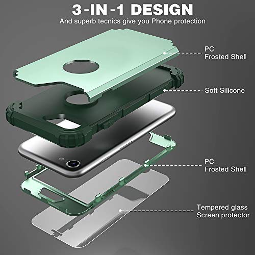 IDweel for iPhone 8 Case with Tempered Glass Screen Protector, for iPhone 7 Case, 3 in 1 Shockproof Slim Hybrid Heavy Duty Hard PC Cover Soft Silicone Bumper Full Body Case,Mint Green - color: Mint