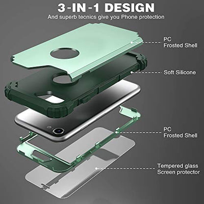 IDweel for iPhone 8 Case with Tempered Glass Screen Protector, for iPhone 7 Case, 3 in 1 Shockproof Slim Hybrid Heavy Duty Hard PC Cover Soft Silicone Bumper Full Body Case,Mint Green - color: Mint