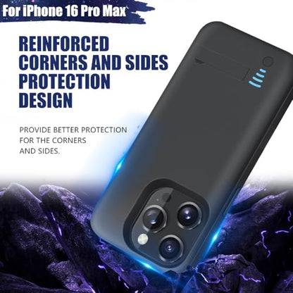 Battery Case for iPhone 16 Pro Max, 5000mAh Rechargeable Extended Battery Charging/Charger Case, Add 100% Extra Juice (6.9 inch) Black