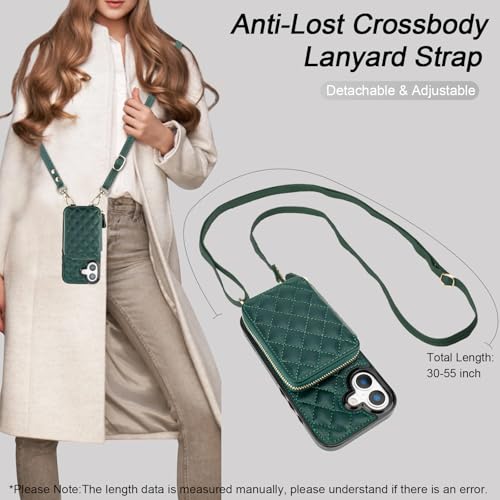Bocasal Crossbody Wallet Case Card Holder for iPhone 17, Dark Green | RFID Blocking PU Leather Zipper Handbag Purse, Kickstand Flip Folio Case with Card Slots Holder Wrist Strap Lanyard 6.3 Inch - color: Dark Green