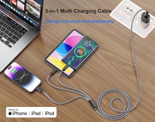 Multi Charging Cable 6FT 2Pack 3 in 1 Long Apple MFi Certified Cable - color: Grey/Silver-4ft-3Pack, size: 6ft