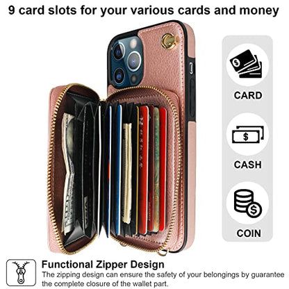 Bocasal Multi-Slot Crossbody Wallet Case for iPhone 12 Pro Max, Rose Gold | RFID Blocking PU Leather Purse Case with Card Holder, Handbag Flip Cover with Zipper Wrist Strap Lanyard for Women 6.7 Inch - color: Rose Gold