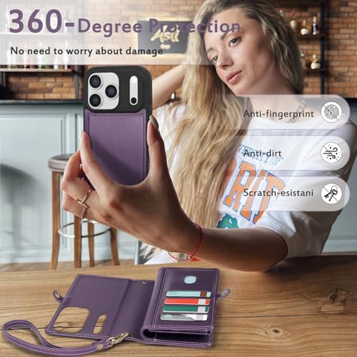 for Wallet Case Compatible with iPhone 17 Pro,Multi-Function Detachable 3 in 1 Magnetic iPhone 17 Pro Case Wallet,Flip Strap Zipper Card Holder Phone Case with Shoulder Straps (Pruple) - color: Purple, size: iPhone 17 Pro