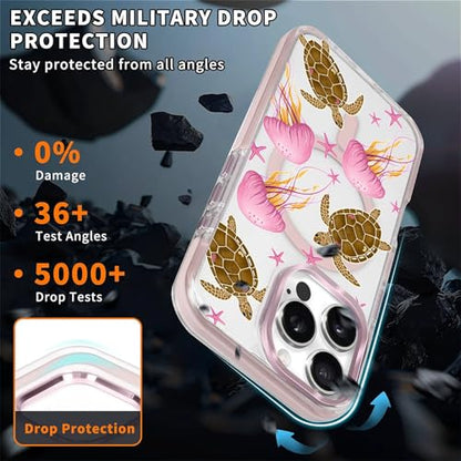 VisEnt Clear Case for iPhone 16 Pro, Magnetic Phone Case, Transparent Slim Cover, Military Grade Protection, Shockproof, Anti-Yellowing, Scratch Resistant, Pink Jellyfish Sea Turtle - color: Pink Jellyfish Sea Turtle, size: Iphone 16 Pro