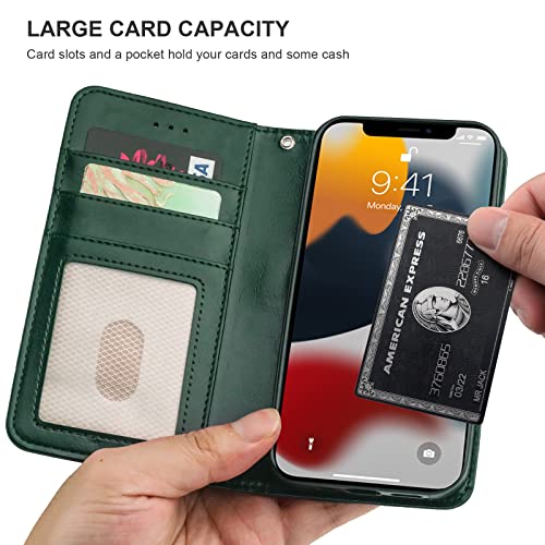 Bocasal Detachable Wallet Case Card Holder for iPhone 13, Green | RFID Blocking Kickstand Card Slots Holder PU Leather Magnetic Shockproof Wrist Strap Removable Flip Protective Cover 6.1 inch - color: Green