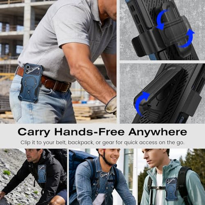 Caka 4-in-1 for iPhone 17 Pro Max Case with Belt Clip Holster and Stand | HD Glass Screen & Camera Lens Protector, Compatible with MagSafe, Hidden Kickstand, Rugged Heavy Duty Shockproof Phone Cover - color: Blue