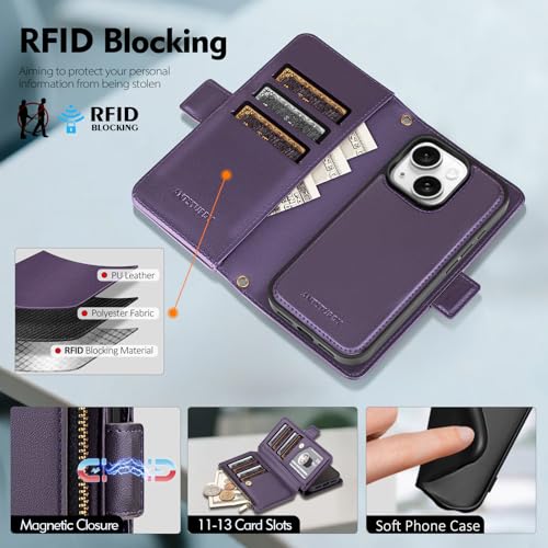 Antsturdy Compatible with MagSafe iPhone 14 Wallet Case,Purple | Detachable Magnetic Credit Card Holder,RFID Blocking,PU Leather Zipper Purse,Wrist Strap Kickstand,Flip Phone Cover for Women - color: (Detachable with Magsafe)-Purple