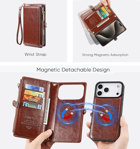 for iPhone 17 Pro Wallet Case, [Compatible with Magsafe] [Magnetic Detachable] [RFID Blocking] PU Leather Case with Card Holder & Crossbody Strap for Women Men, Brown - color: Brown