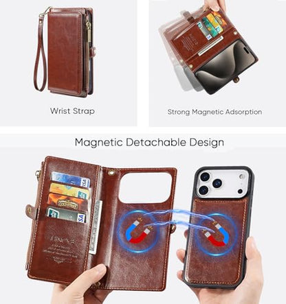 for iPhone 17 Pro Wallet Case, [Compatible with Magsafe] [Magnetic Detachable] [RFID Blocking] PU Leather Case with Card Holder & Crossbody Strap for Women Men, Brown - color: Brown