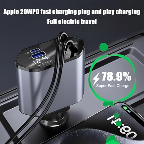 Ankuee Retractable Car Charger, 4 in 1 Fast Charging Vehicle Phone Adapter, 2 Cables 2 USB Ports Automotive Cellphone Charger Accessories, Universal for SUV, Sedan, Truck